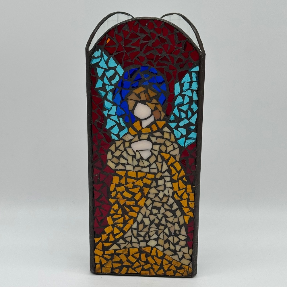 Vintage Stained Glass Nativity Candle Holder Mother Mary Baby Jesus Christmas 3D